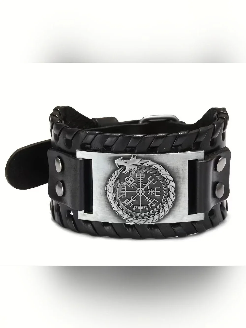 Black Leather Braided Cuff Bracelet with Silver Ouroboros Medallion, Mens